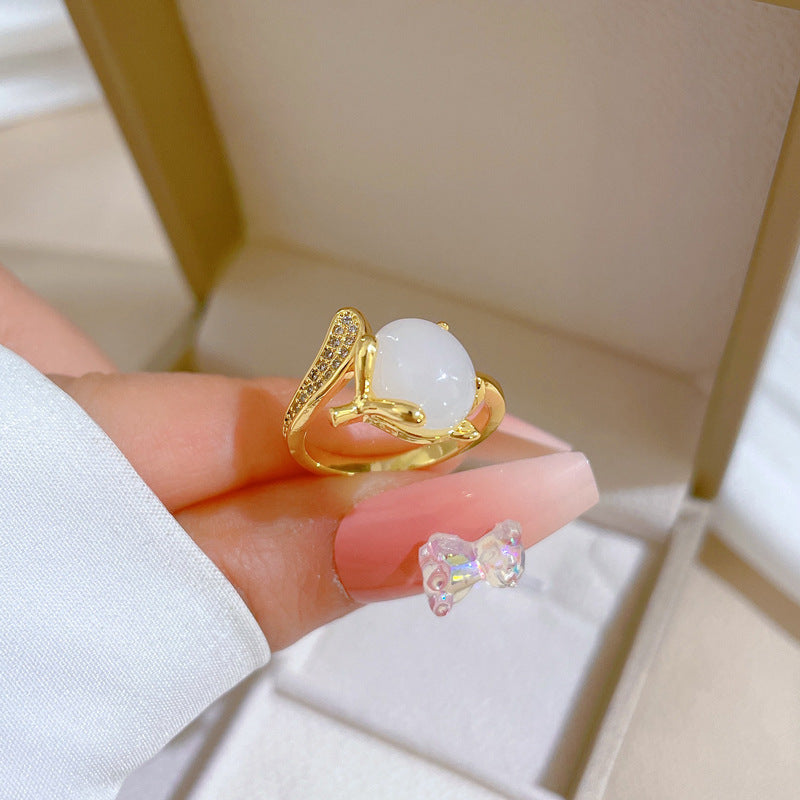 Anello regolabile da donna in ottone placcato oro con volpe, stile cartone animato