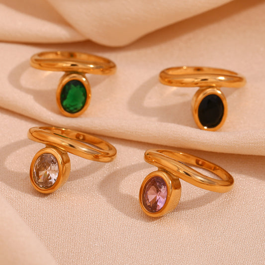 Anello Minimalista a Corona Ovale con Zirconi da Donna in Acciaio Inossidabile Placcato Oro 18K