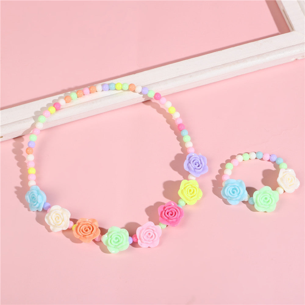 Set di collana e bracciale per bambini con perline, ciondoli a fiocco e fiore, fatti a mano in resina, per bambini da 0 a 10 anni