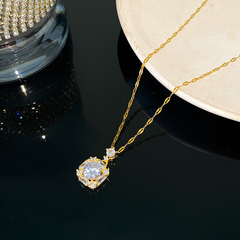 Luxury Minimalist Geometric Round Gemstone Inlay Titanium Steel Necklace with Brass Pendant