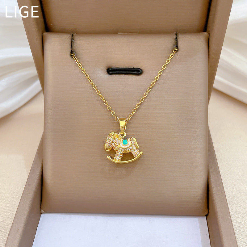 Sweet Geometric Moon Rhinestone Plated Titanium Steel Necklace with Brass Pendant for Unisex