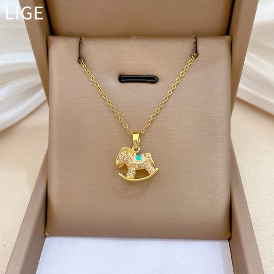 Sweet Geometric Moon Rhinestone Plated Titanium Steel Necklace with Brass Pendant for Unisex