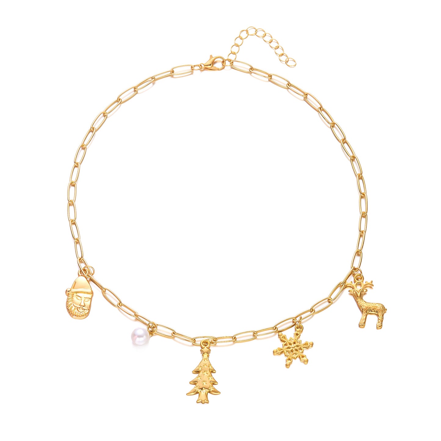 Christmas-Themed Necklace and Bracelet Set for Women with Snowflake Elk and Santa Pendant in Alloy with Electroplating on O-Chain