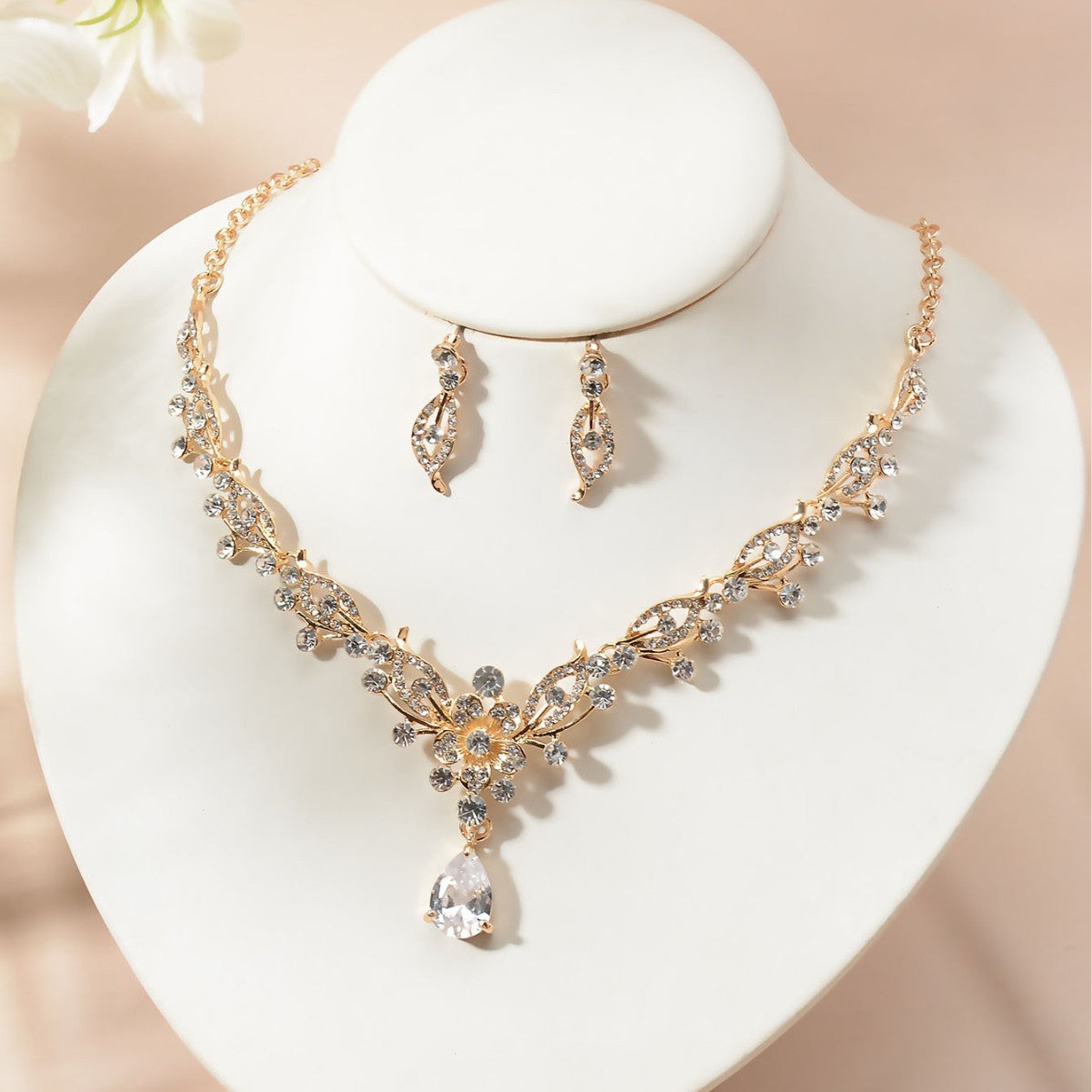 Elegante conjunto de collar y pendientes con incrustaciones de circonita cúbica floral y pedrería para mujer, joyería para fiesta de boda