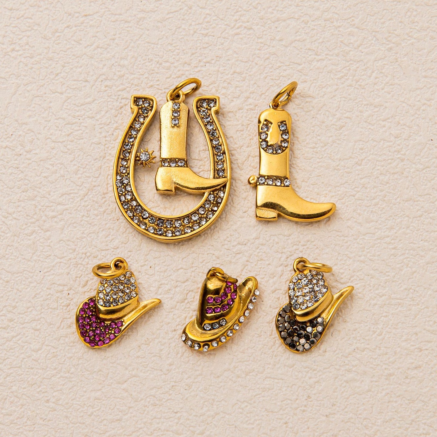 Hip-hop Stainless Steel 18K Gold Plated PVD Cowboy Hat Boot Horseshoe DIY Charm Bar