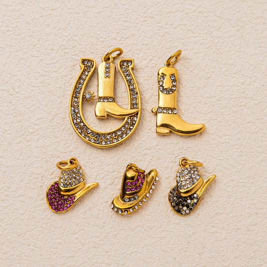 Hip-hop Stainless Steel 18K Gold Plated PVD Cowboy Hat Boot Horseshoe DIY Charm Bar