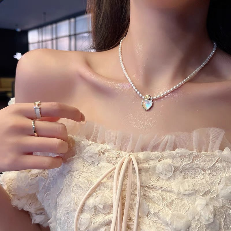 Sweet Ethereal Gradient Heart Pendant Necklace in Titanium Steel with Plated Finish and Pearl Chain