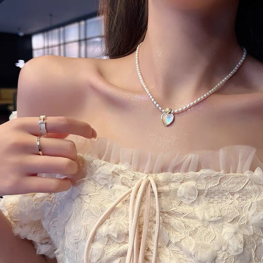 Sweet Ethereal Gradient Heart Pendant Necklace in Titanium Steel with Plated Finish and Pearl Chain