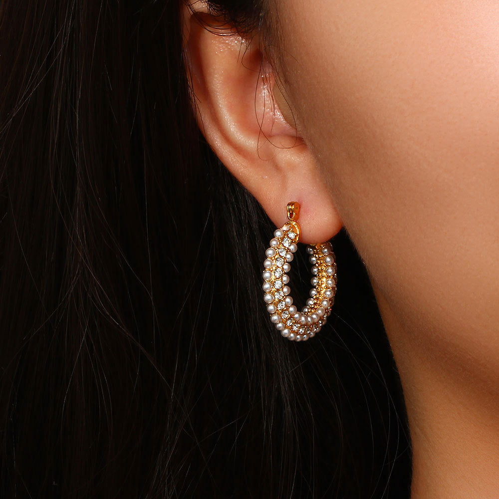 Minimalist Luxe Stainless Steel Plated 18K Gold Hoop Earrings with Zircon and Pearl Inlay for Women
