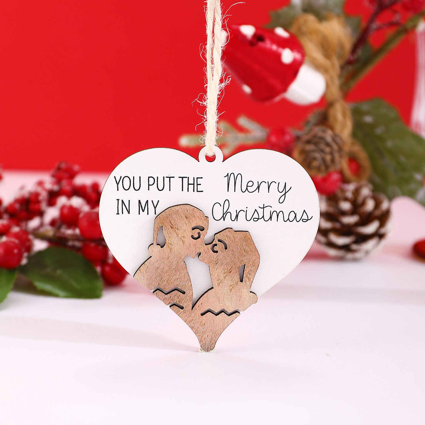 Ciondolo creativo in legno a forma di cuore con testo stampato per feste di Natale, coppie e amici