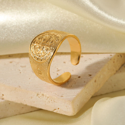 Anillo de Acero Inoxidable con Diseño Geométrico Estilo Francés Vintage y Chapado al Vacío en Oro de 18K para Uso Unisex