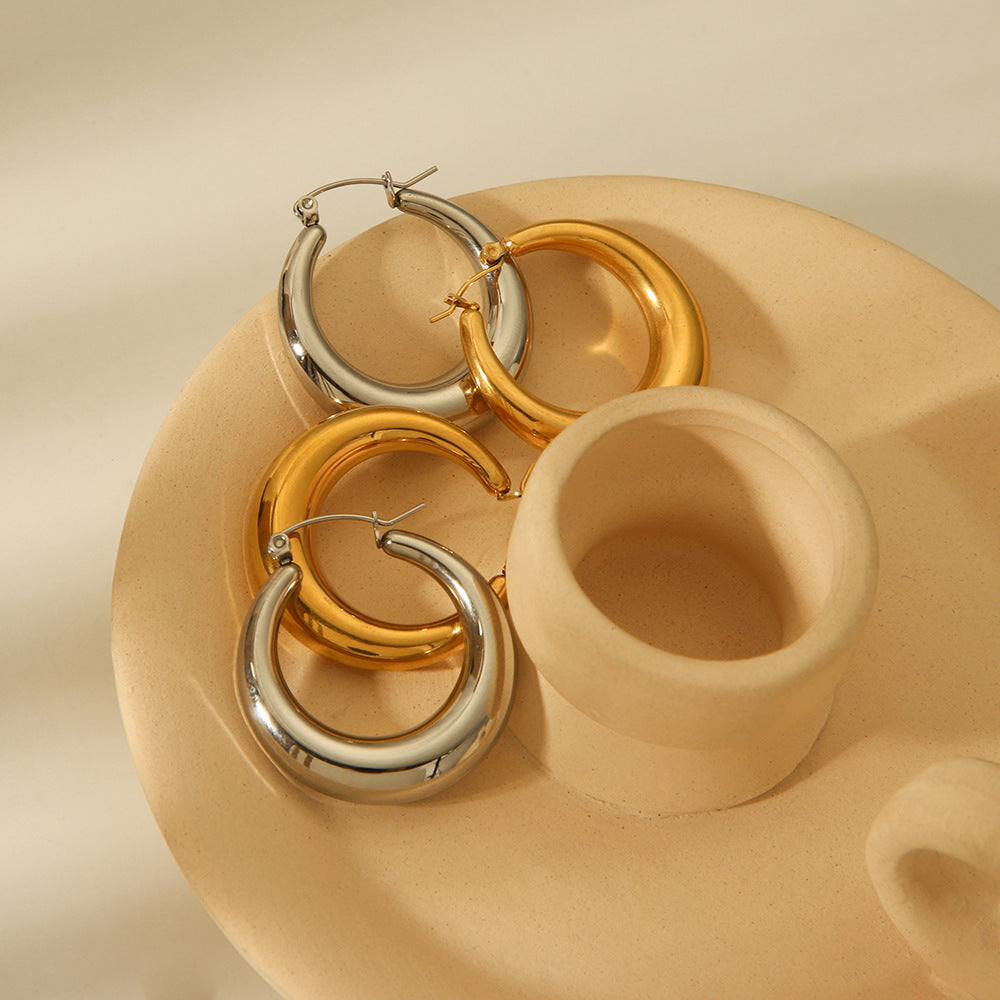 Minimalist Geometric Hollow Circle Stainless Steel Earrings with Plated Finish for Women