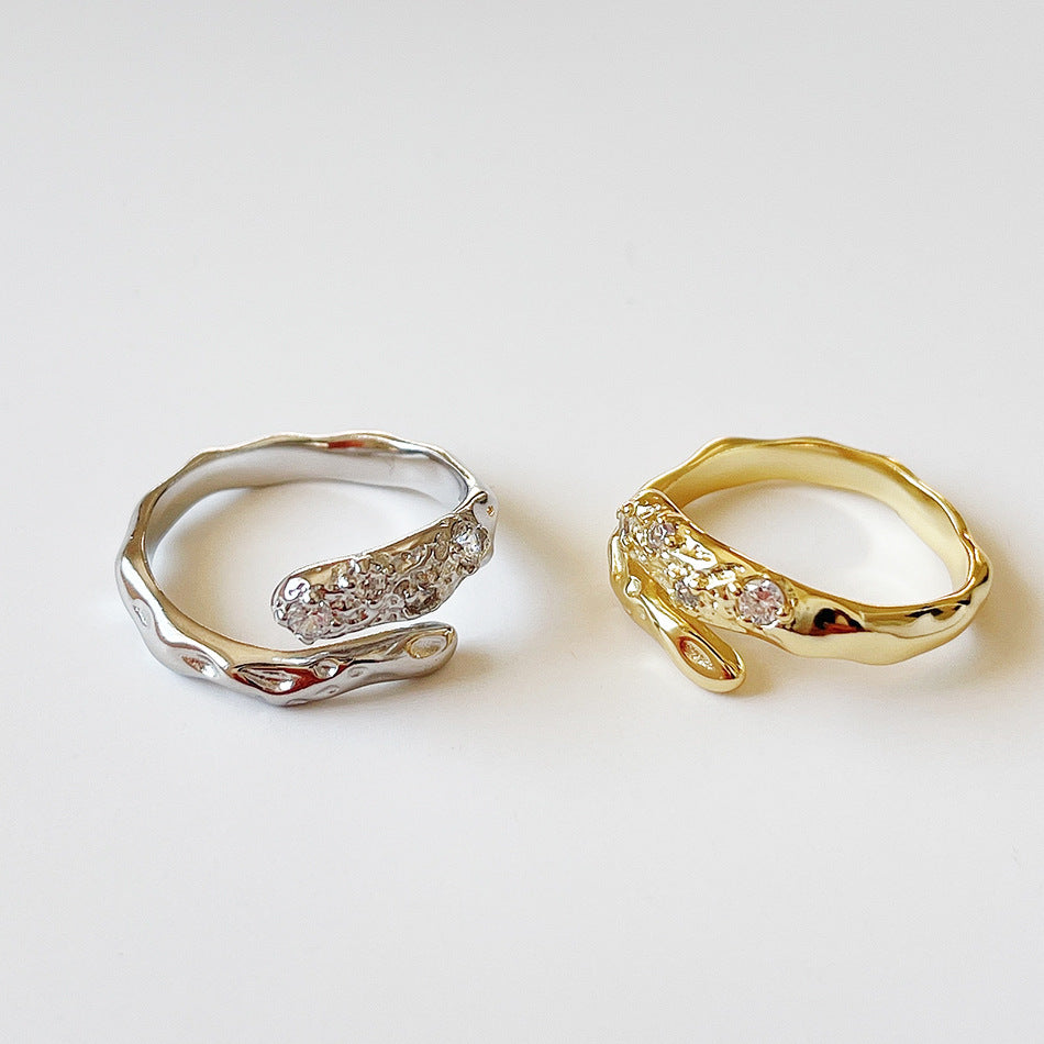 Anello a cuore irregolare minimalista da donna in argento sterling 925 con intarsio di diamanti