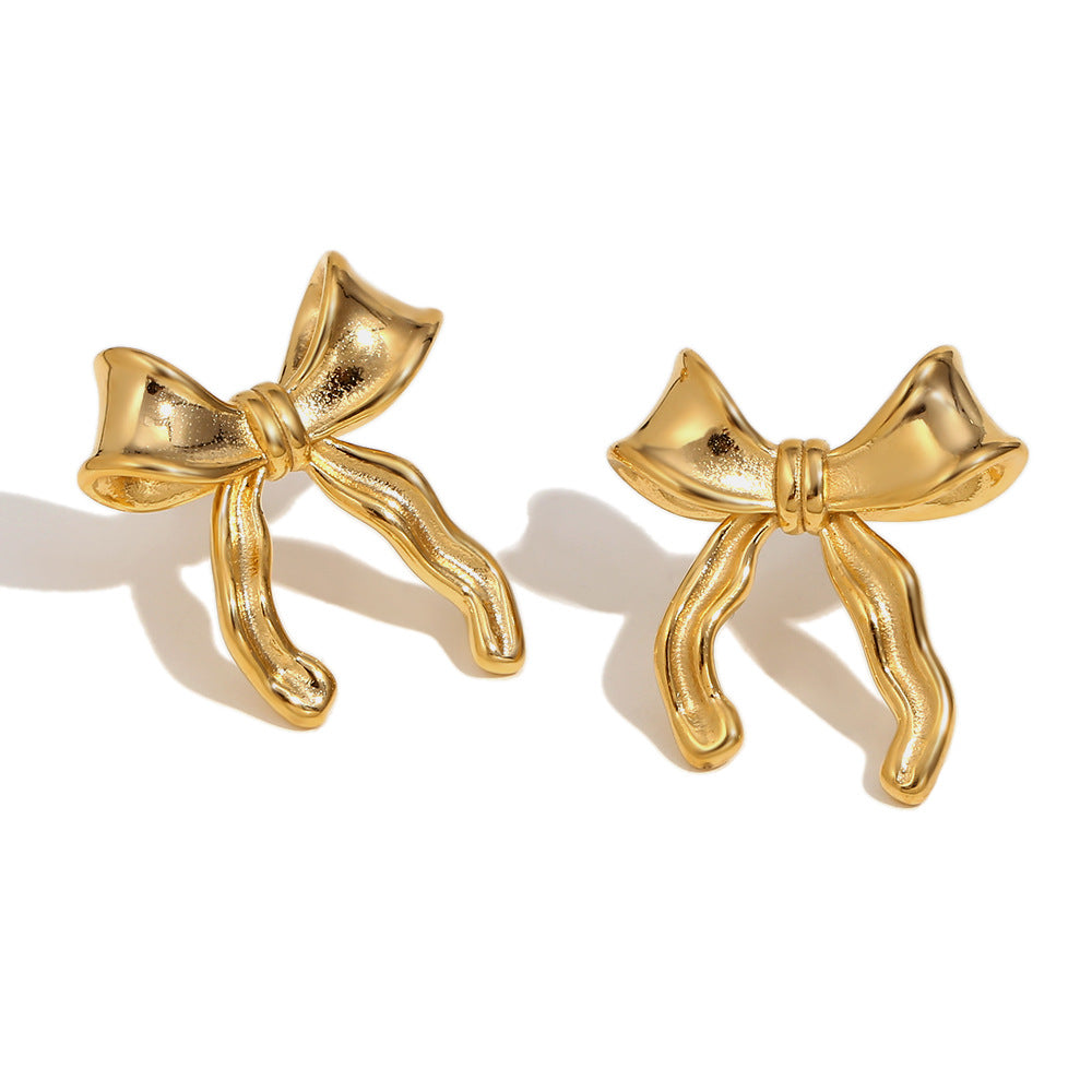 Orecchini a perno ovali con fiocco, minimalisti e alla moda, da donna, in acciaio inossidabile con placcatura in oro 18 carati