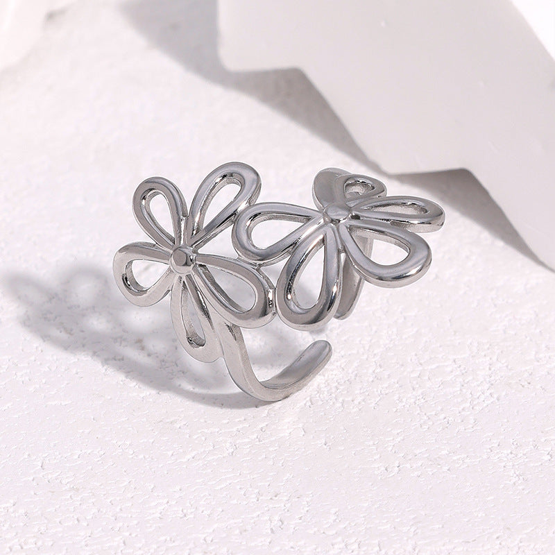 Minimalist Floral Open Ring in Stainless Steel with Plating Finish for Women