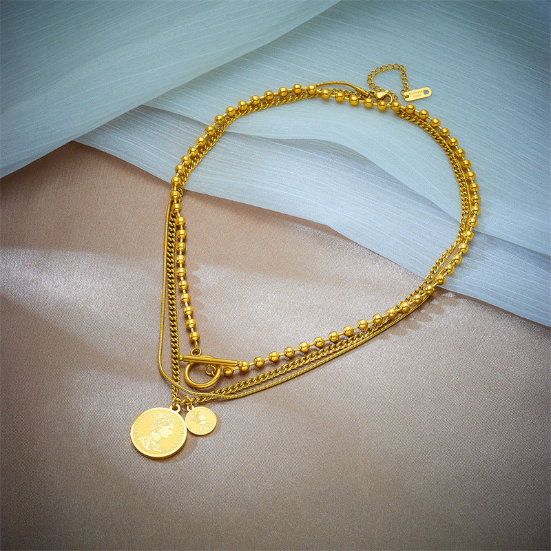 Collana vintage a sospensione multipla geometrica rotonda da donna con catena in acciaio al titanio e finitura placcata