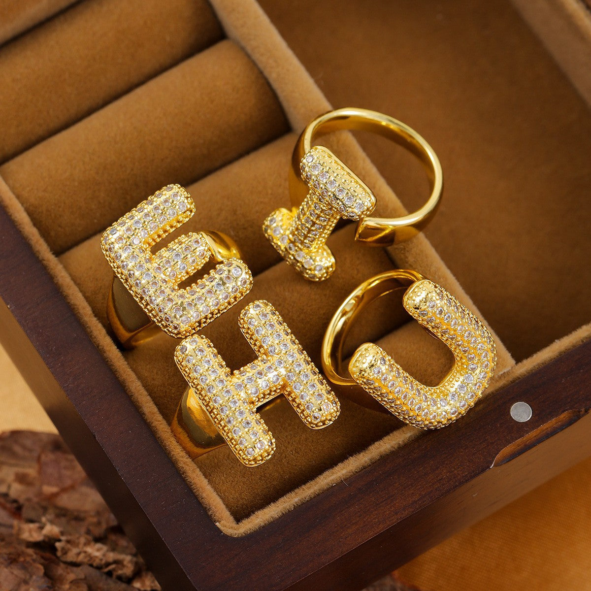 Sweet Plated Brass Letter Ring with Cubic Zirconia Adjustable Open Ring for Women and Men