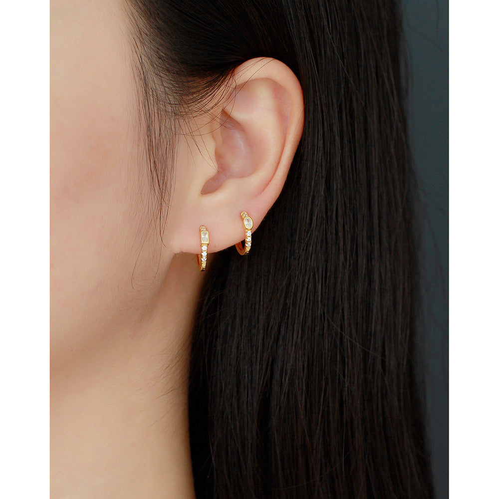 Minimalist Geometric S925 Sterling Silver Hoop Earrings with Rhinestone Inlay for Women