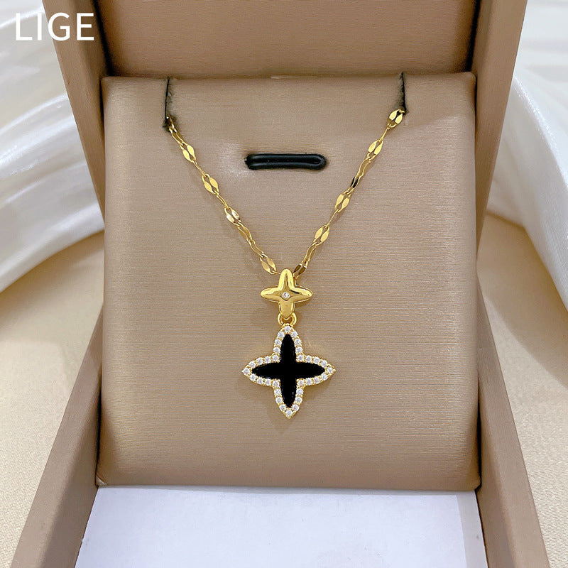 Minimalist Star and Clover Pendant Necklace in Titanium Steel with Rhinestone Accents for Women