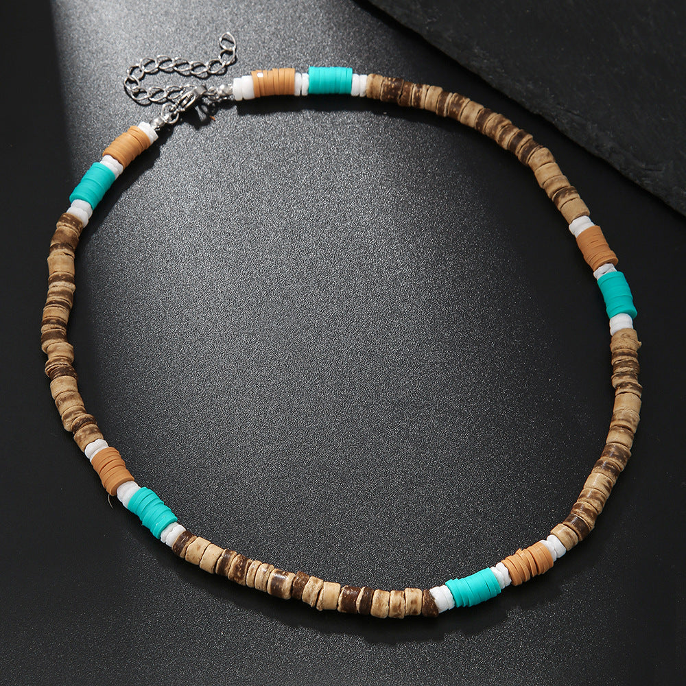 Bohemian Geometric Wood Turquoise Ball Chain Necklace Unisex