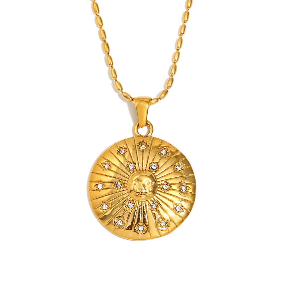 Vintage Compass Pendant Necklace with Geometric Four-Pointed Star Design, Stainless Steel Body, Titanium Steel Pendant, 18K Gold Plated Finish