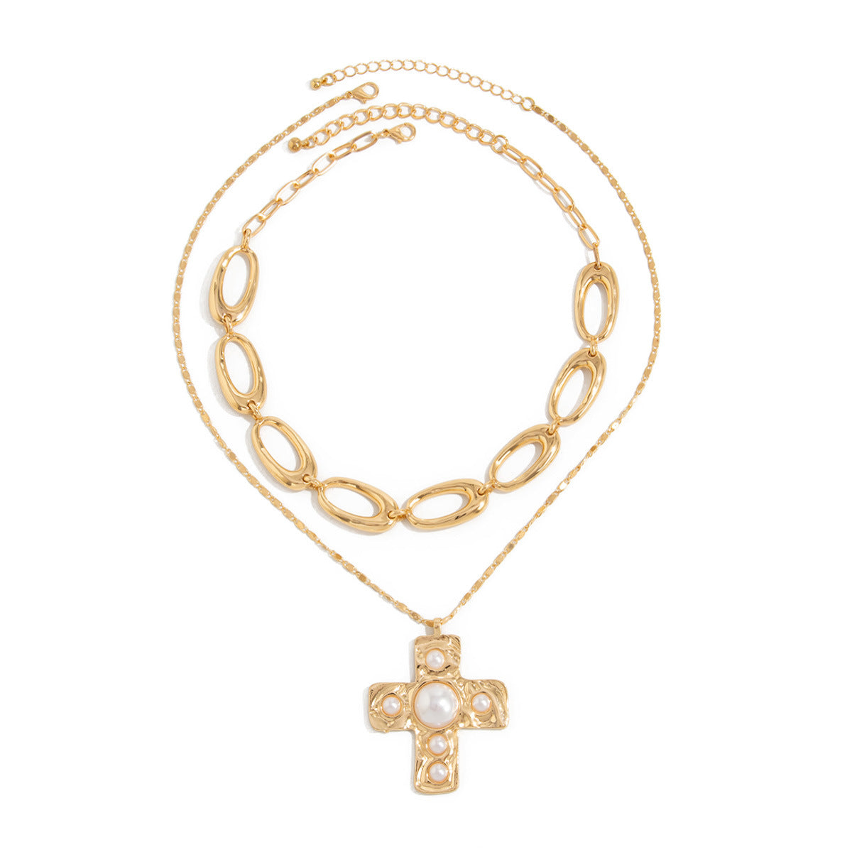 Minimalist Luxury Cross Pendant Alloy Plated Necklace with Faux Pearl Multi-layer Curb Chain for Women