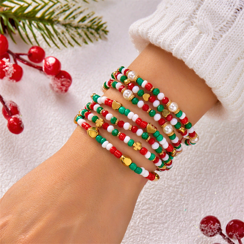 Handmade Christmas Style Beaded Bracelet Set with Alphabet Charms and Polymer Clay Beads in Alloy for Unisex Wear