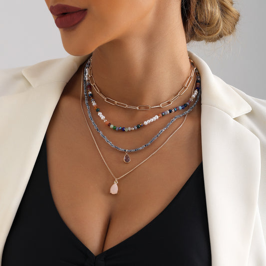 Collana Bohemien Multistrato con Perline e Ciondolo a Forma Geometrica in Lega, Finitura Galvanizzata, Catena alla Clavicola di Tendenza per Donne