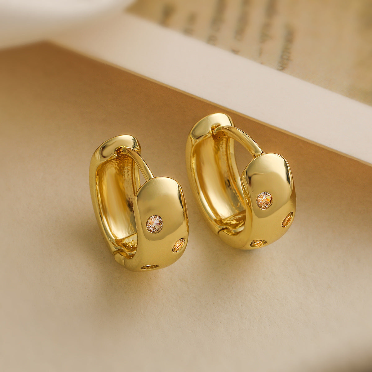 Minimalist Geometric Copper Hoop Earrings with Real Gold Plating and Micro-Paved Zirconia