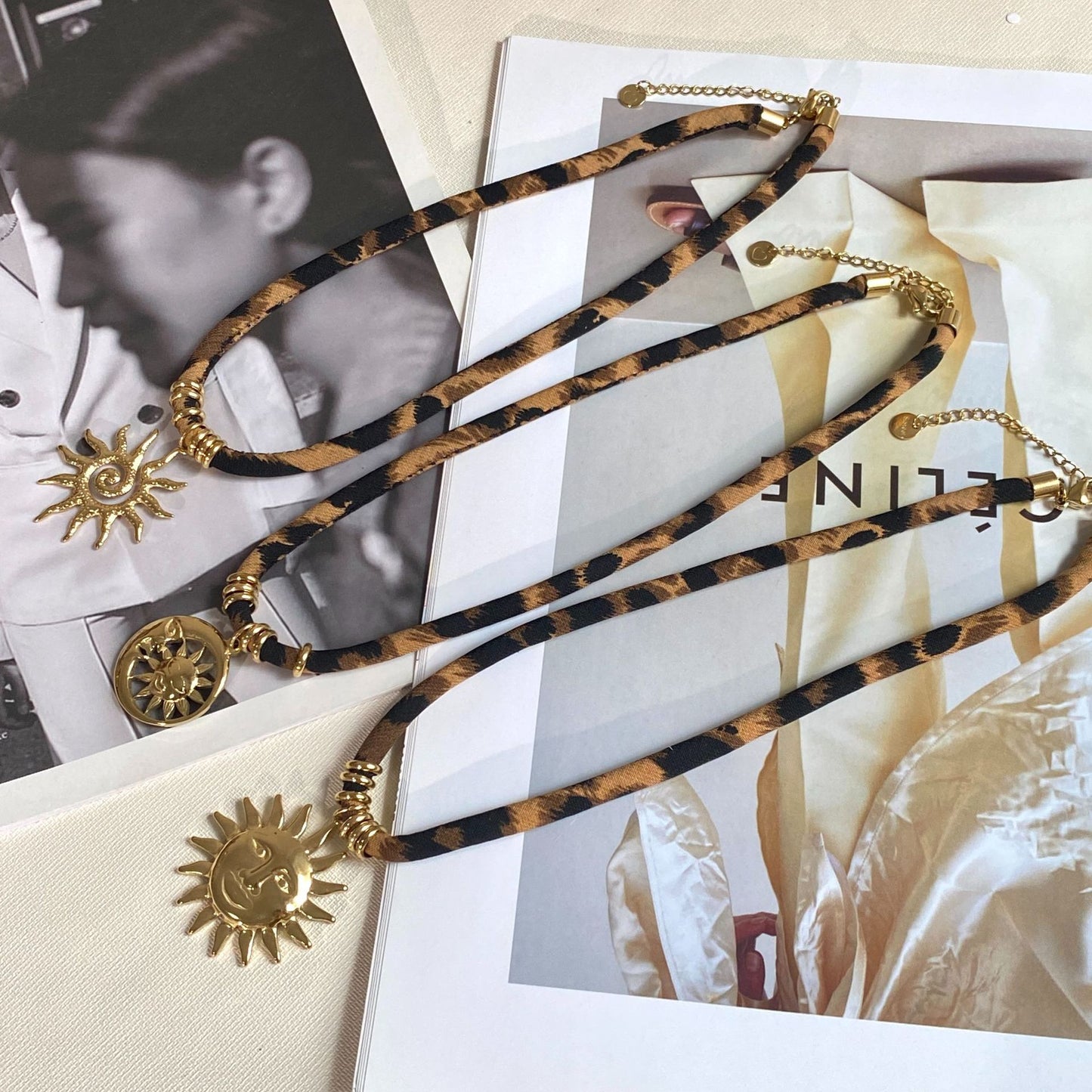 Leopard Print Stainless Steel Sun Face Pendant Necklace for Women