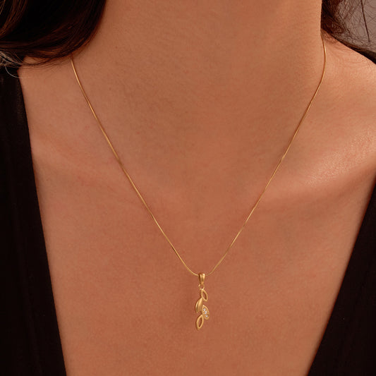 Minimalist Floral Leaf Pendant Necklace and Stud Earrings Set in Stainless Steel with Rhinestone Inlay and Plated Finish