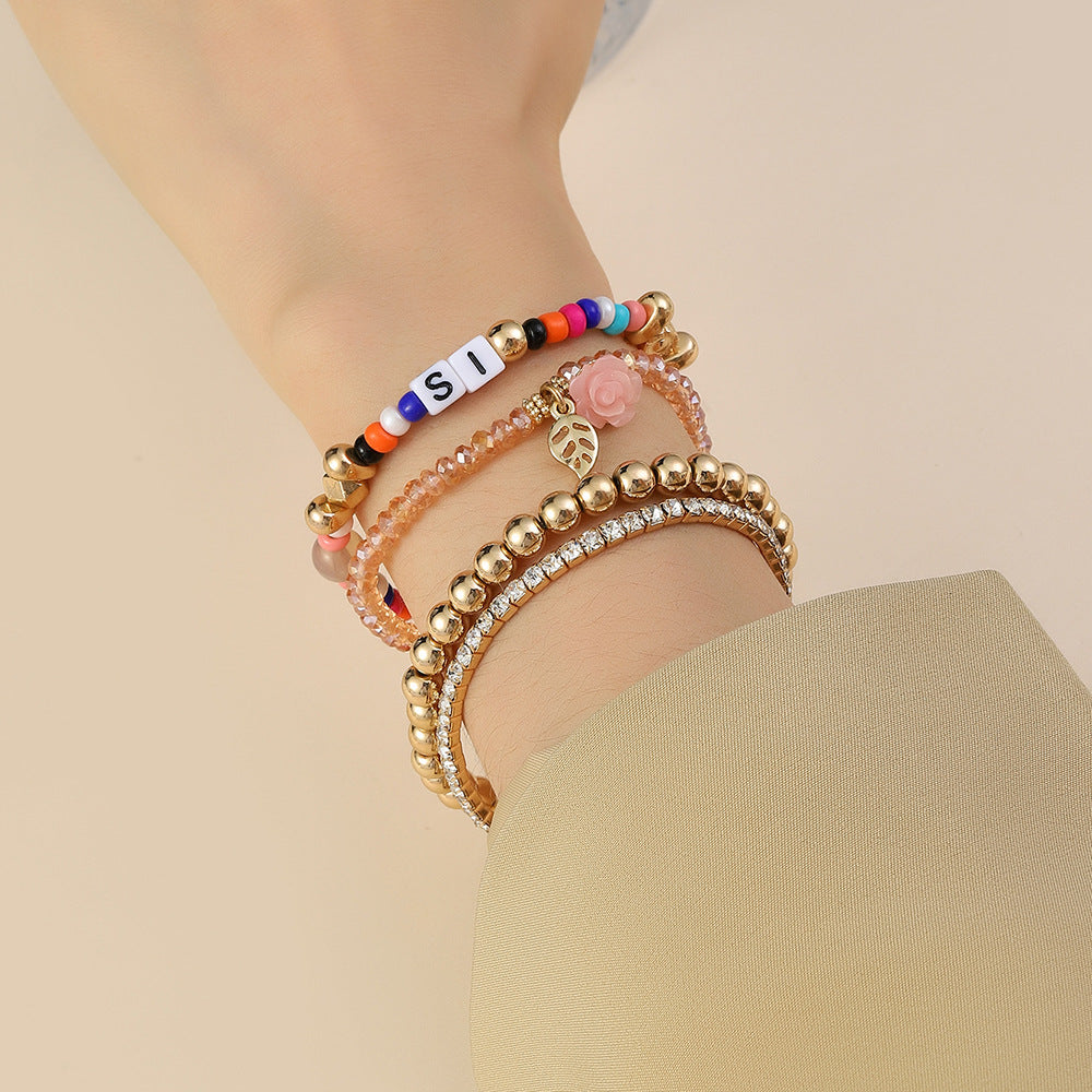 Minimalist Colorful Glass Bead Letter Dice and Rose Elastic Bracelet Set