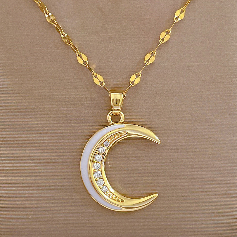 Luxury Titanium Steel Moon Pendant Necklace for Women and Men with Rhinestone Inlay Geometric Design Elegant Clavicle Chain