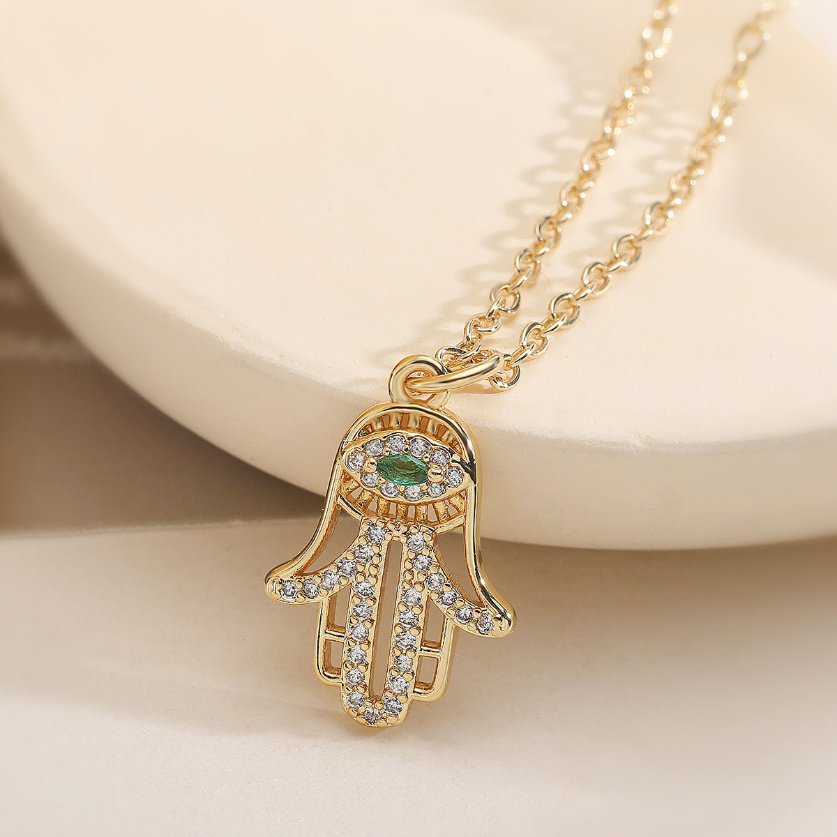 Minimalist 18K Gold Plated Brass Geometric Dreamcatcher Pendant Necklace with Cubic Zirconia for Women