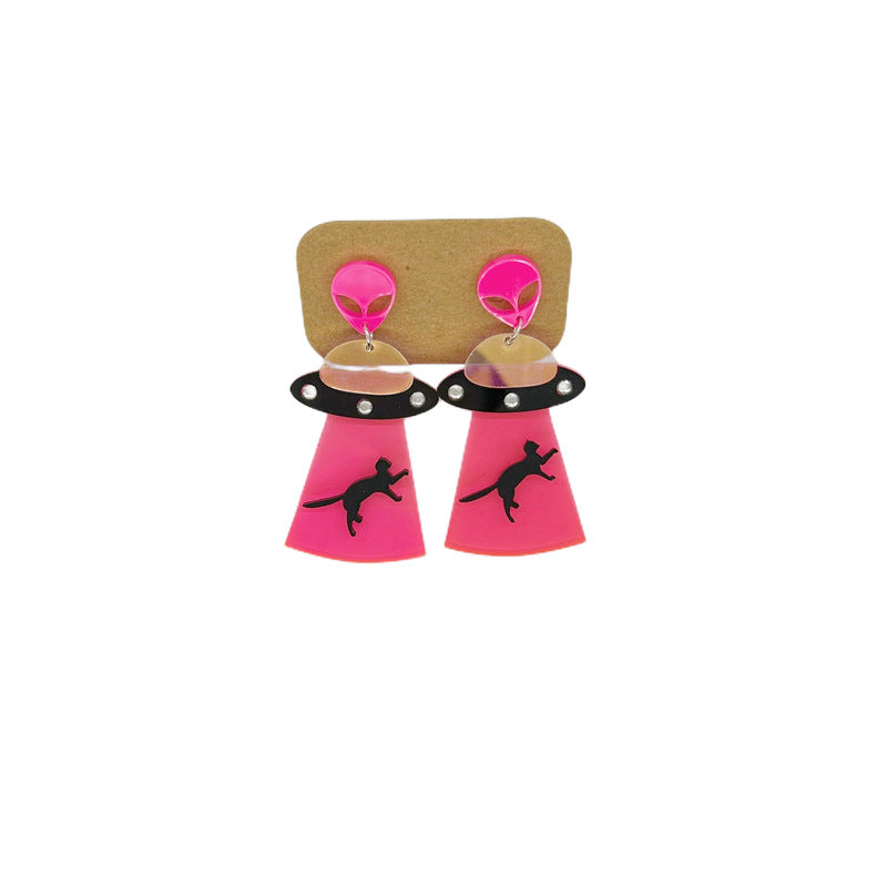 Pendientes de platillo volador alienígena OVNI con luna, estrella, vaca, gato y arco iris de acrílico extragrande para mujer con detalle cortado a láser