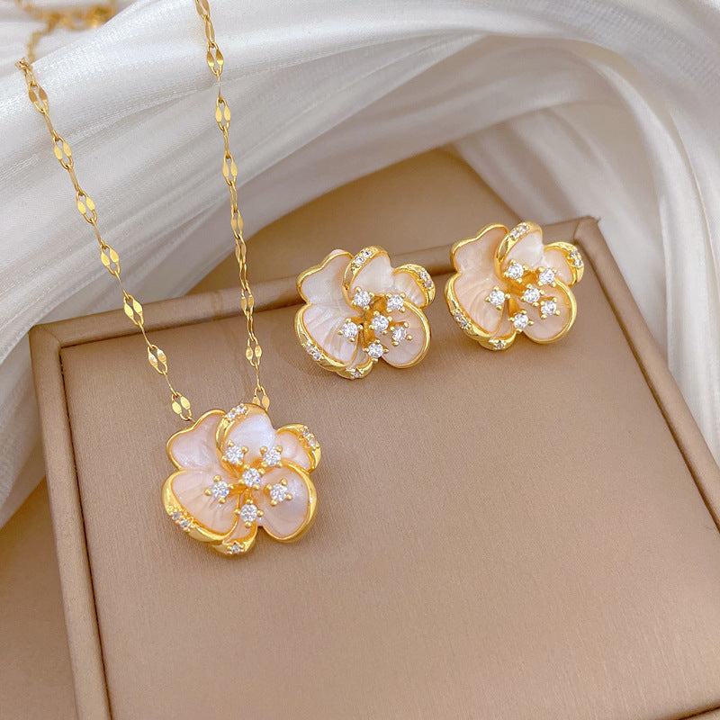 Sweet Elegant Rotating Drip Oil Floral Moon Rhinestone Pendant Titanium Steel Necklace Set for Unisex