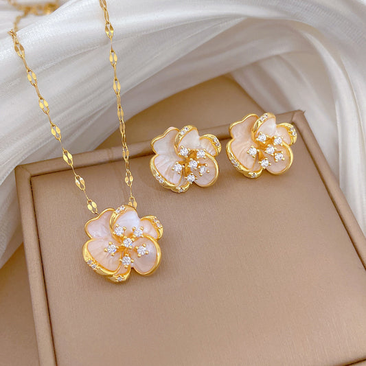 Sweet Elegant Rotating Drip Oil Floral Moon Rhinestone Pendant Titanium Steel Necklace Set for Unisex