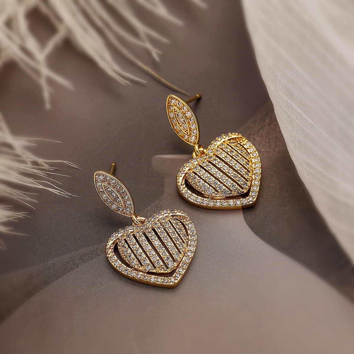 Minimalist Heart-Shaped Copper Earrings with Real Gold Plating and Zircon Accents for Women