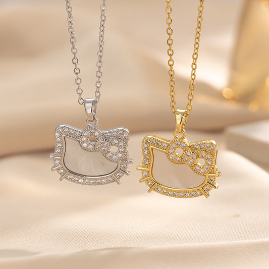 Collana minimalista con pendente a fiocco di gatto da donna in acciaio al titanio con intarsio di strass su catena a serpente