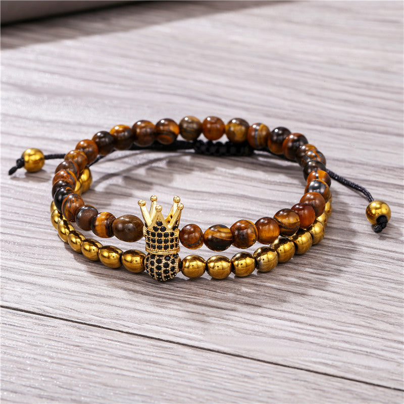Geometric Crown Tiger's Eye and Cubic Zirconia Brass Bracelet Set