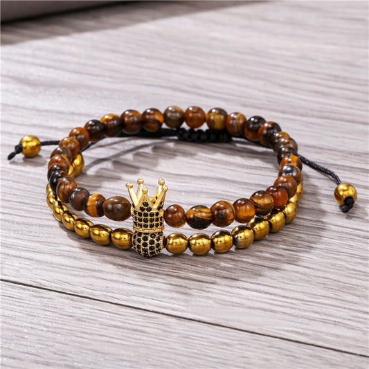 Geometric Crown Tiger's Eye and Cubic Zirconia Brass Bracelet Set