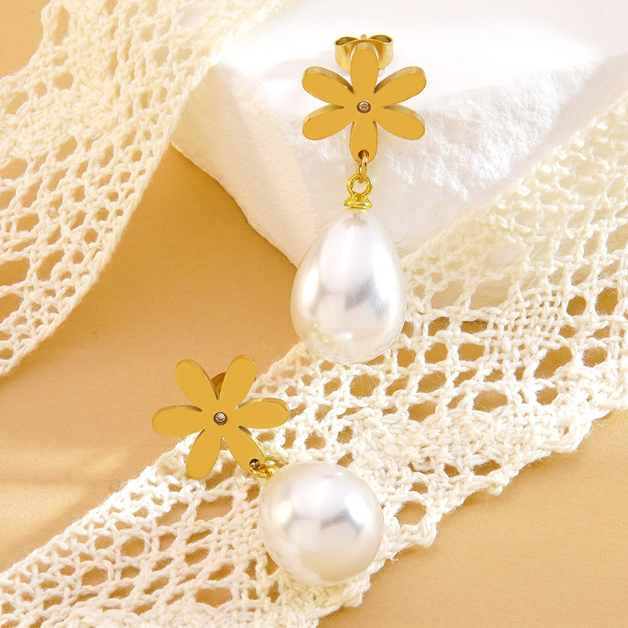 Orecchini placcati in acciaio inossidabile con fiore geometrico ed elegante fiocco, pendente con perla, stile vintage