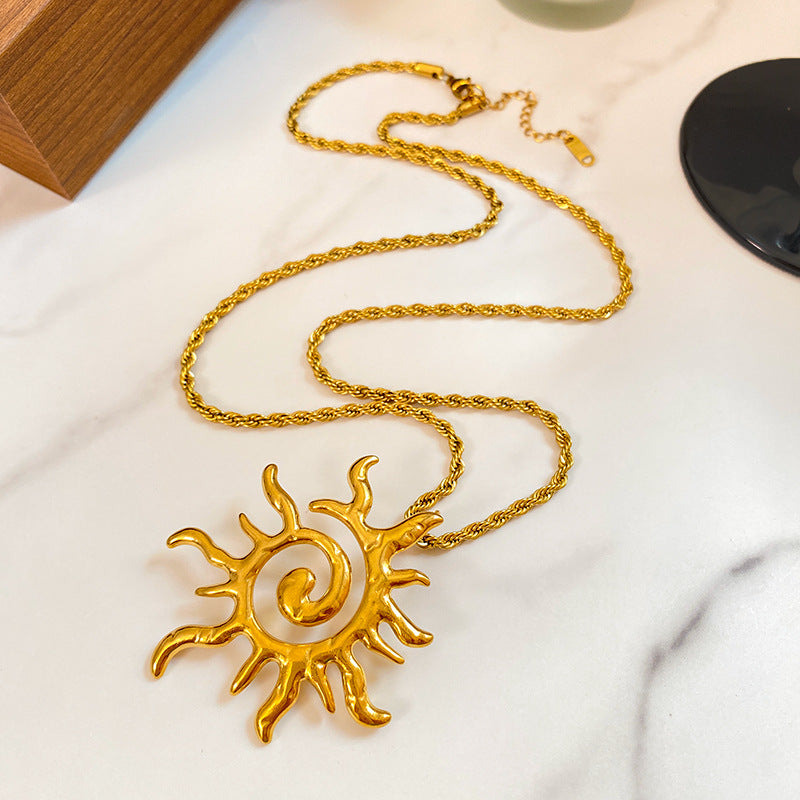 Vintage Hollow Sun Totem Titanium Steel Necklace with Rope Chain