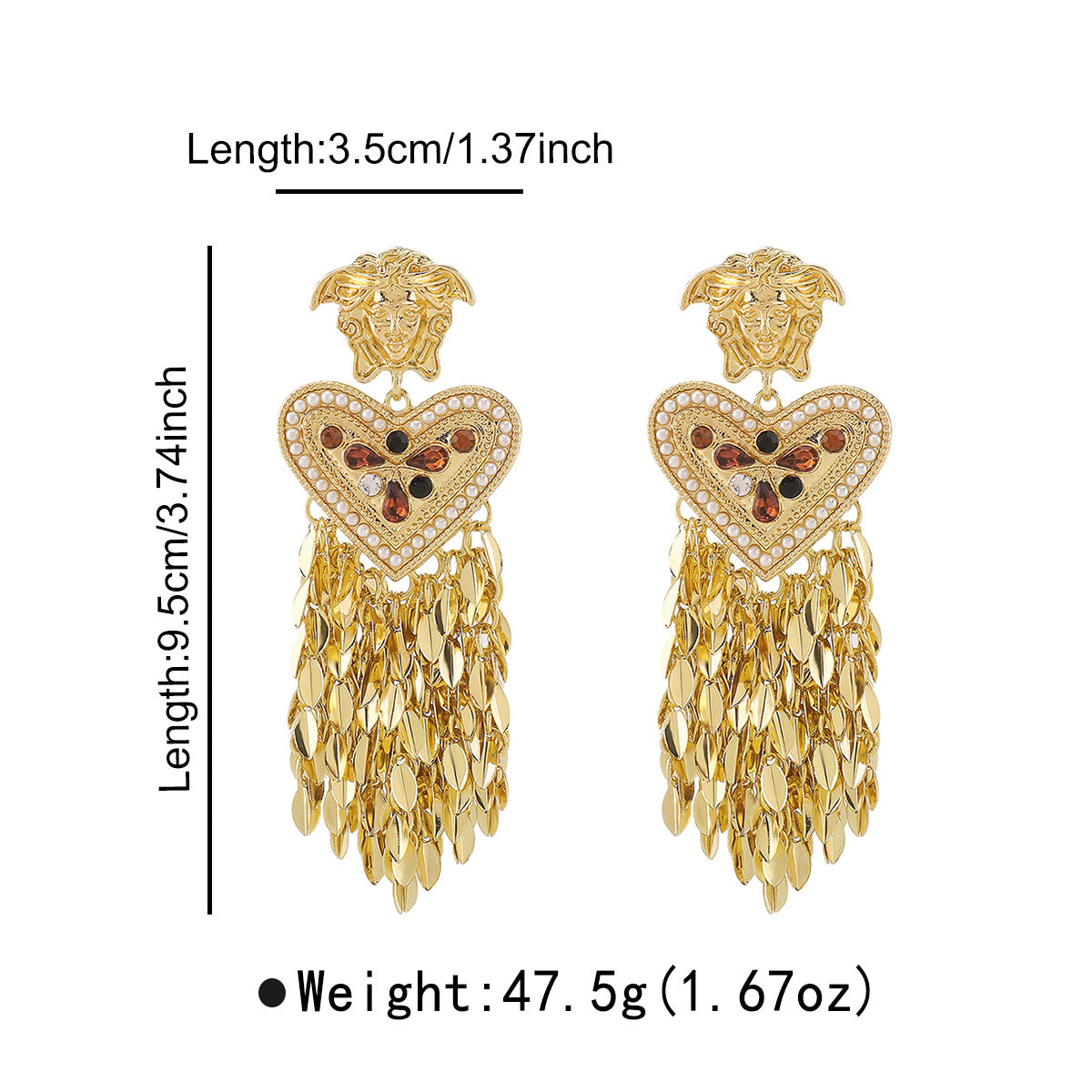 Pendientes colgantes vintage de Medusa con forma de corazón, borlas, acabado chapado en aleación e incrustaciones de pedrería y perlas simuladas