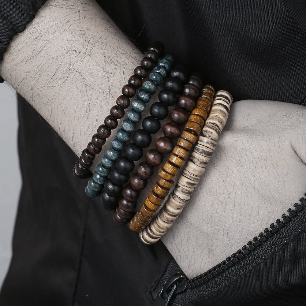 Vintage Round Wood Bead Bracelet Set with Turquoise Inlay for Unisex