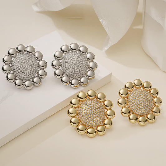 Minimalist 18K Gold Plated Brass Geometric Cubic Zirconia Sunflower Stud Earrings for Women