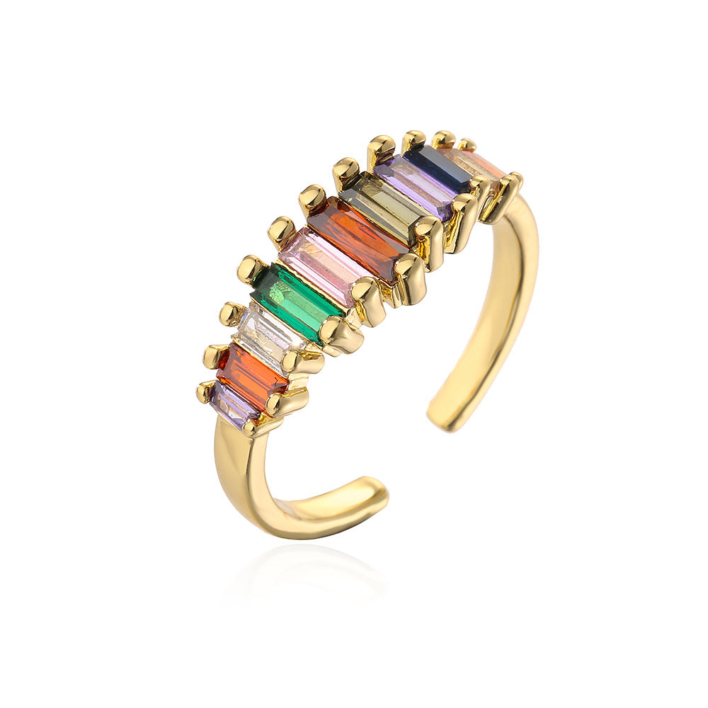 Geometric Open Ring in Copper with 18K Gold Plating and Rainbow Zircon Inlay for Women