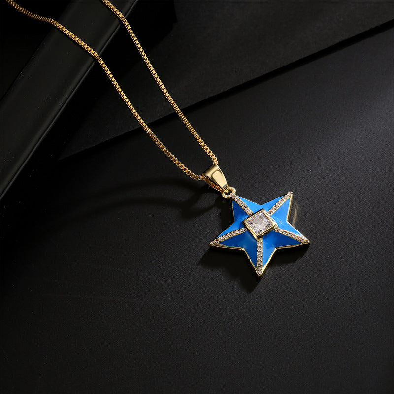 18K Gold Plated Brass Star Drip Oil Cubic Zirconia Pendant Necklace Box Chain for Women