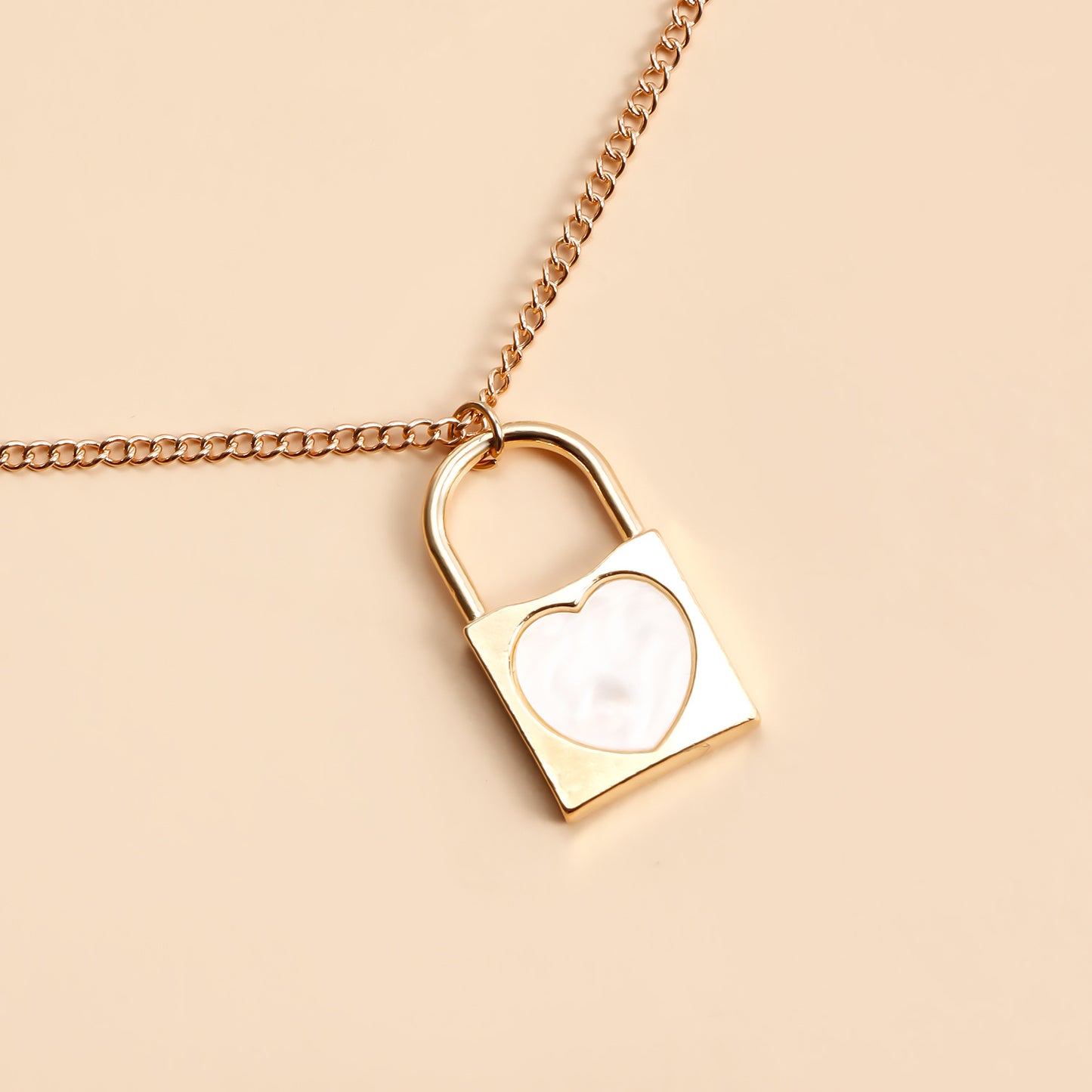 Elegant Two-Tier White Mother-of-Pearl Inspired Lock Pendant Necklace in Plated Metal with Clavicle Chain for Women