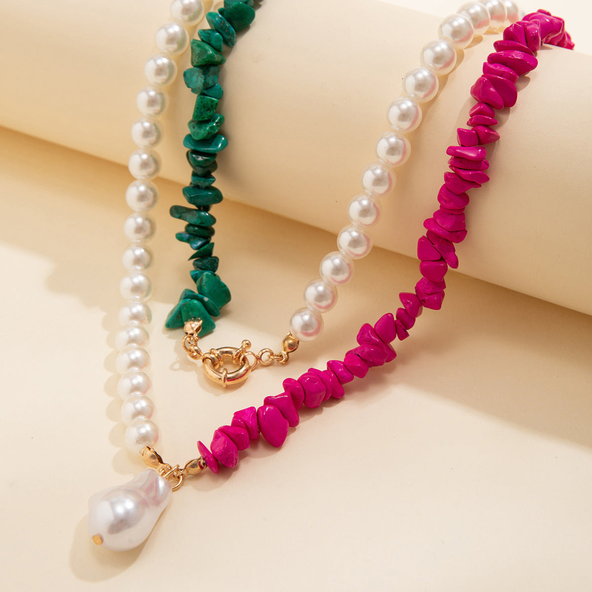 Collar de perlas de imitación estilo geométrico vintage con borla y cadena de bolas para mujer